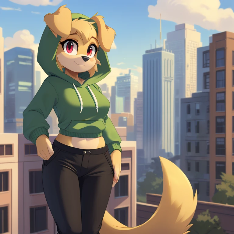 mobian female (golden retriever), ((masterpiece)), cute, attractive, ( wearing a hoodie:1.3), (wearing a black pants:1.5), medium breasts, (correct proportions), (royal golden body fur:1.5), ( golden belly fur:1.1), (hair (royal golden color)):1.5, medium fluffy hair, (crystal red eyes):1.3, (dog tail):1.2, (dog ears):1.2, (city:1.5)