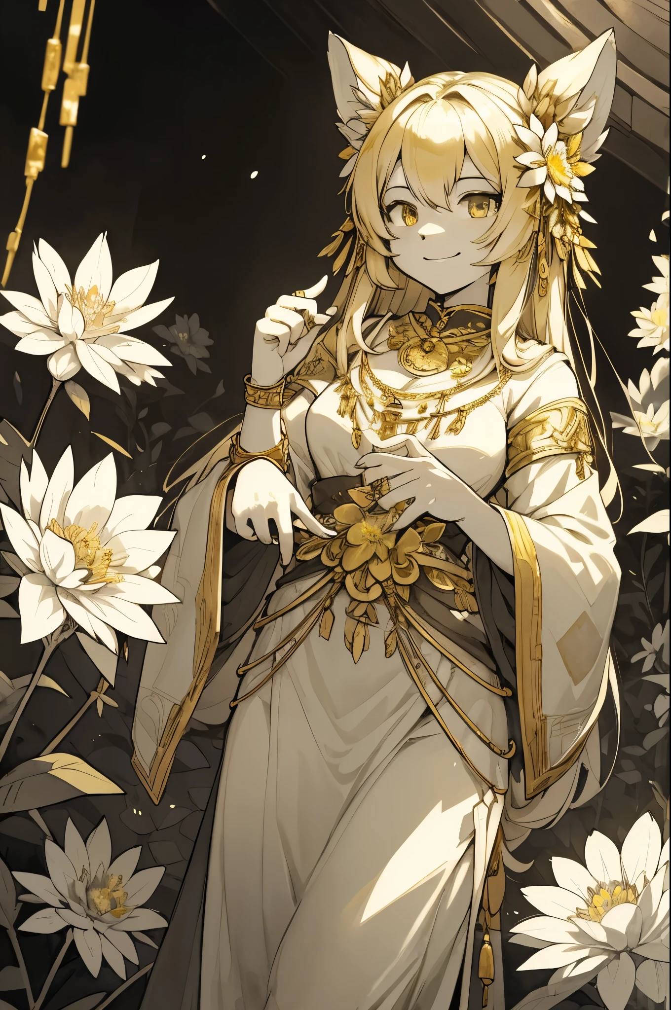 monochrome, watercolor, highres, top quality, best quality, paid reward available, High-quality illustrations, unparalleled masterpiece, perfect artwork, absurdres, 1girl, kenono, furry, Archaic Smile, holding a cluster of gold flower in both hands, She is wearing a simple ring on the ring finger of her left hand, unfocused spread of gold flower,