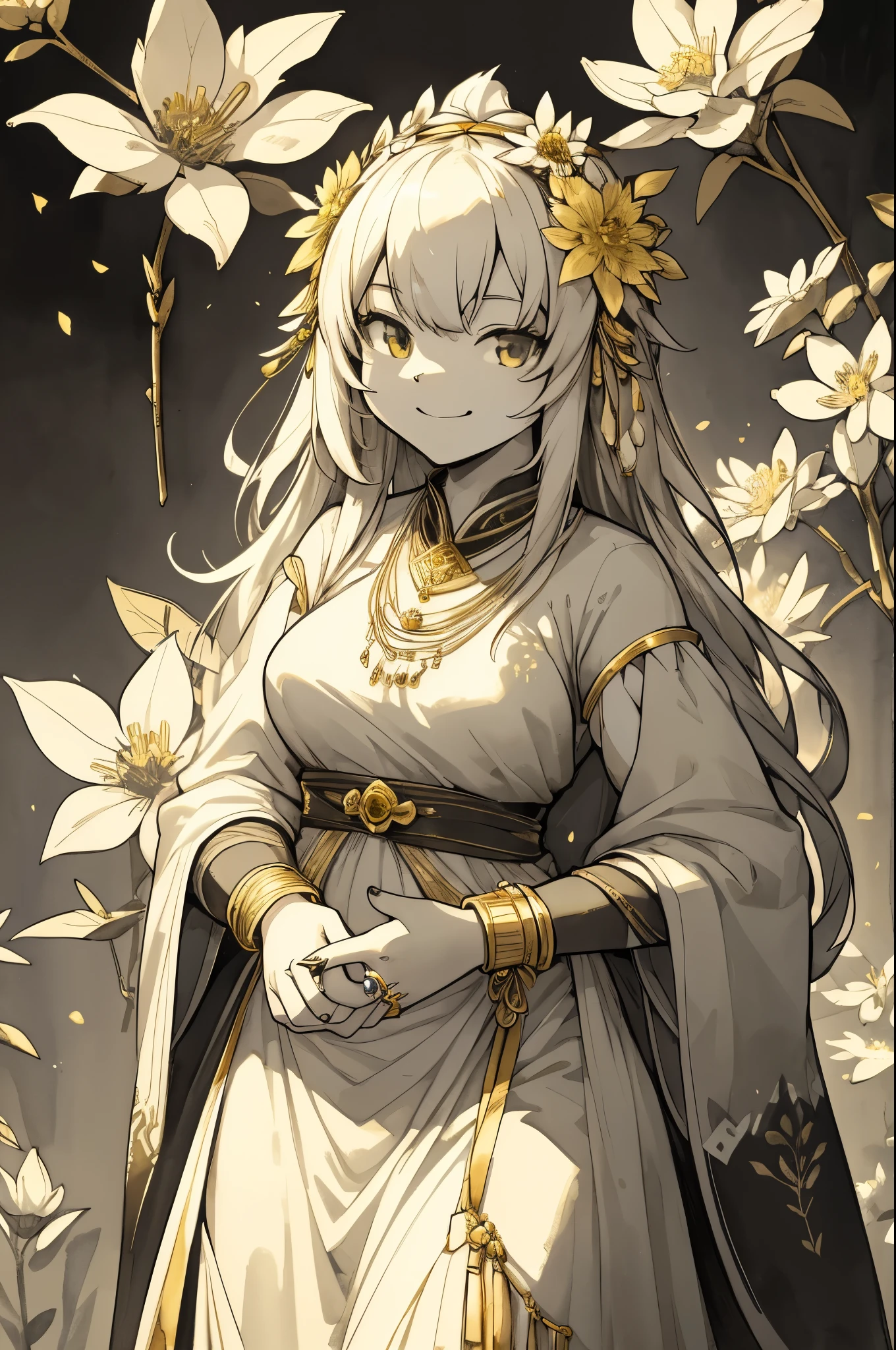 monochrome, watercolor, highres, top quality, best quality, paid reward available, High-quality illustrations, unparalleled masterpiece, perfect artwork, absurdres, 1girl, kenono, furry, Archaic Smile, holding a cluster of gold flower in both hands, She is wearing a simple ring on the ring finger of her left hand, unfocused spread of gold flower,