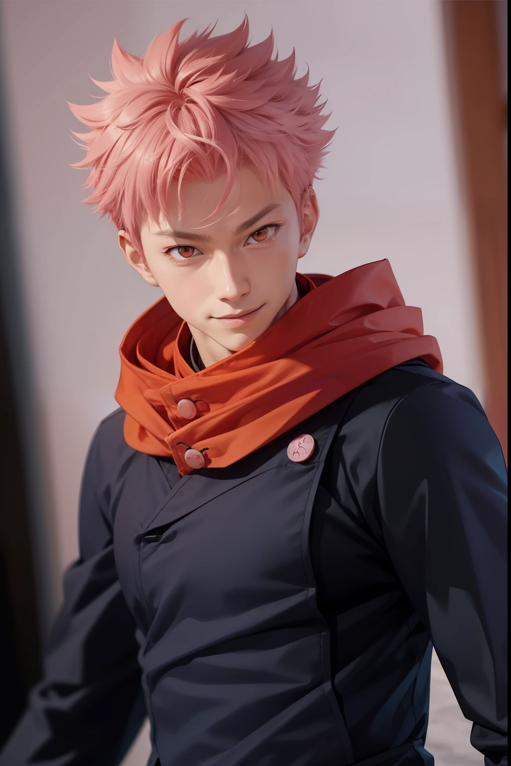 Yuji Itadori Character from Anime Jujutsu Kaisen, Realistic Anime style, Handsome boy, smile face, Jujutsu uniform, Pink short hair, orange eyes, Background Jujutsu High School