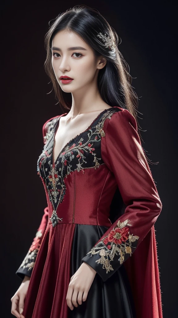 Best quality, high resolution, masterpiece: 1.3), a tall and beautiful woman, (medium black hair: 1.2), wearing pendant, pouf dress, black and red wedding dress fashion dress design "haute couture" fairy charming fantasy fantastic theme black embroidery with some ruby red details embroidered frills, red and black, layers. Dark mode of layers, layers, layers, evil, stars, moon, fog and wind, without any pose, standing (background is in the living room at home), beautifully presented details in face and skin texture, detailed eyes, double eyelids, face with high cold