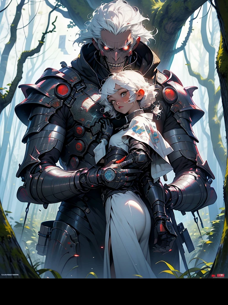 a couple of anime characters standing next to each other, sci-fi horror artwork, artificial intelligence machine, dark woods, father figure image, realistic young anime girl, evil knight, neferpitou, damaged armor, blame manga, by Wen Zhengming, by Lü Ji, without text, hybrid human / anthro