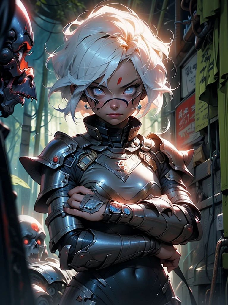 a couple of anime characters standing next to each other, sci-fi horror artwork, artificial intelligence machine, dark woods, father figure image, realistic young anime girl, evil knight, neferpitou, damaged armor, blame manga, by Wen Zhengming, by Lü Ji, without text, hybrid human / anthro