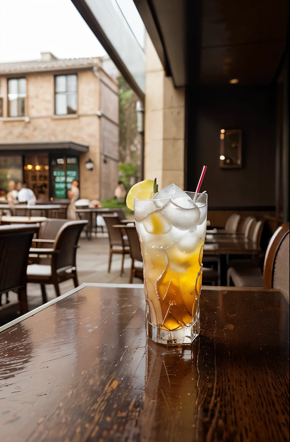 Realistic, cold drink, glass , table, open roof restaurant,