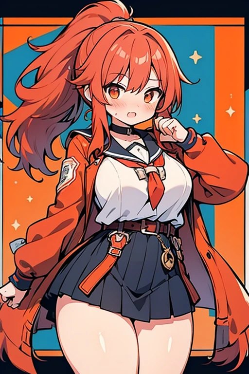 girl、high school student、Red hair、（（ponytail））、long hair、Orange Eyes、Thick thighs、（（G-Cup））、Blushing、Face in a daze、（（highest quality））、Anime Style