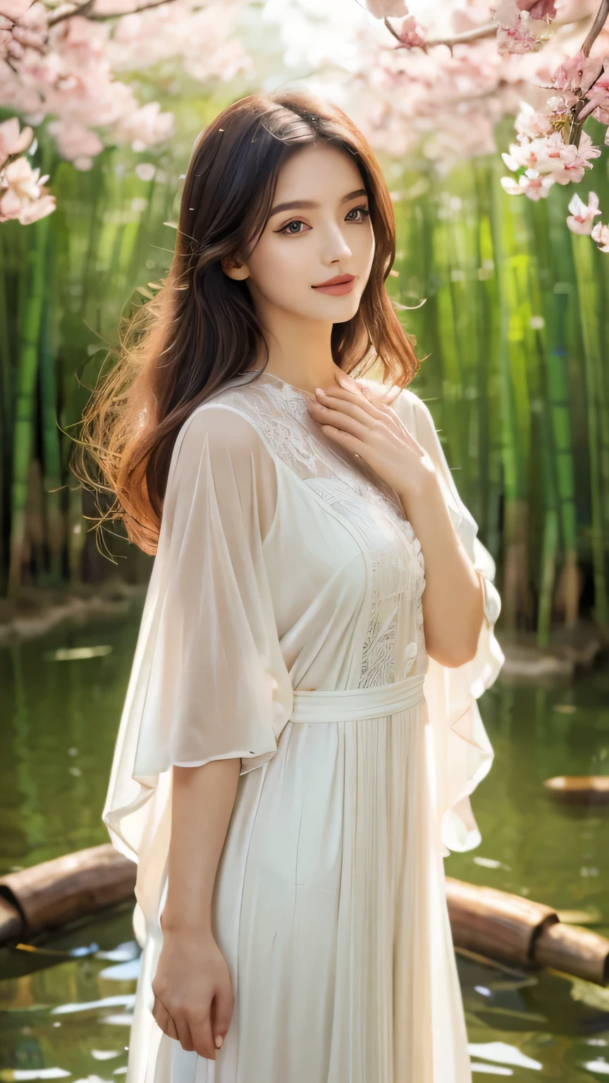 (best quality,4k,8k,highres,masterpiece:1.2),ultra-detailed,(realistic,photorealistic,photo-realistic:1.37), HDR,UHD,studio lighting,bamboo forest,traditional Chinese architecture,clean water,crystal clear reflection,floating lotus flowers,serene atmosphere,misty mountains,cherry blossoms in bloom,soft sunlight,subtle shadows,ethereal ambiance,flowing silk dress,radiant smile,almond-shaped eyes,pale skin,delicate features,graceful posture,wind blowing through her hair,peaceful expression,enchanting scenery.