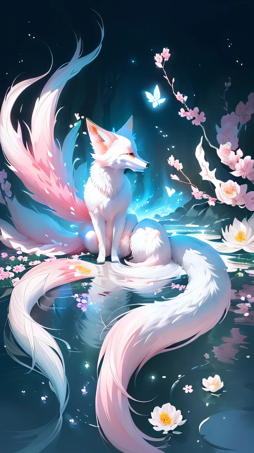 Japanese cartoons, pink,, Pink, Flowers, Butterfly, fantasy, fantasy art, fox Nine-tailed fox, Ethereal fox, Nine tails, Nine Stories, White fox Japanese cartoons, white - haired fox, Nine-tailed fox, Water, fox, Onmyoji detailed art, White fox, elegant long tail, inspired by Nōami, Eye