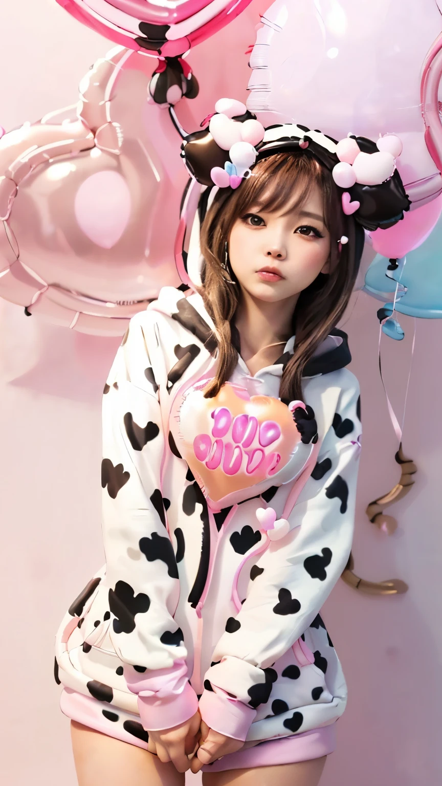 Masterpiece, 4K, bokeh, 55mm, F=1.2, Beautiful girl, (Japanese idle:1.6), (Cat ears:1.3), Light brown eyes, soft hair, Plump breast, Looking at the viewer, Closeup, Hold heart shaped baloon, (Pink and brack and white cow pattern hoodie:1.4), (many Big Heart-shaped balloons:1.8), from below, (Pink background:1.4)