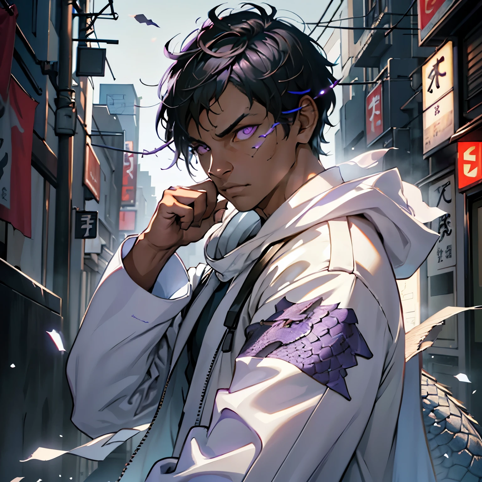Young Male, Assassin, Hood, White Coat, White Shirt, Handsome, Dark Skin, ((Scales)), (((Scales Growing On Face))), Black Hair, ((Shorthair)), Purple Eyes, Ray Band Shades, Menacing, Slim, 3D, Cinematic Lights, Vibrant Colors, Realistic, Tokyo City, Very Detailed, HD, 8K, Masterpiece, HDR