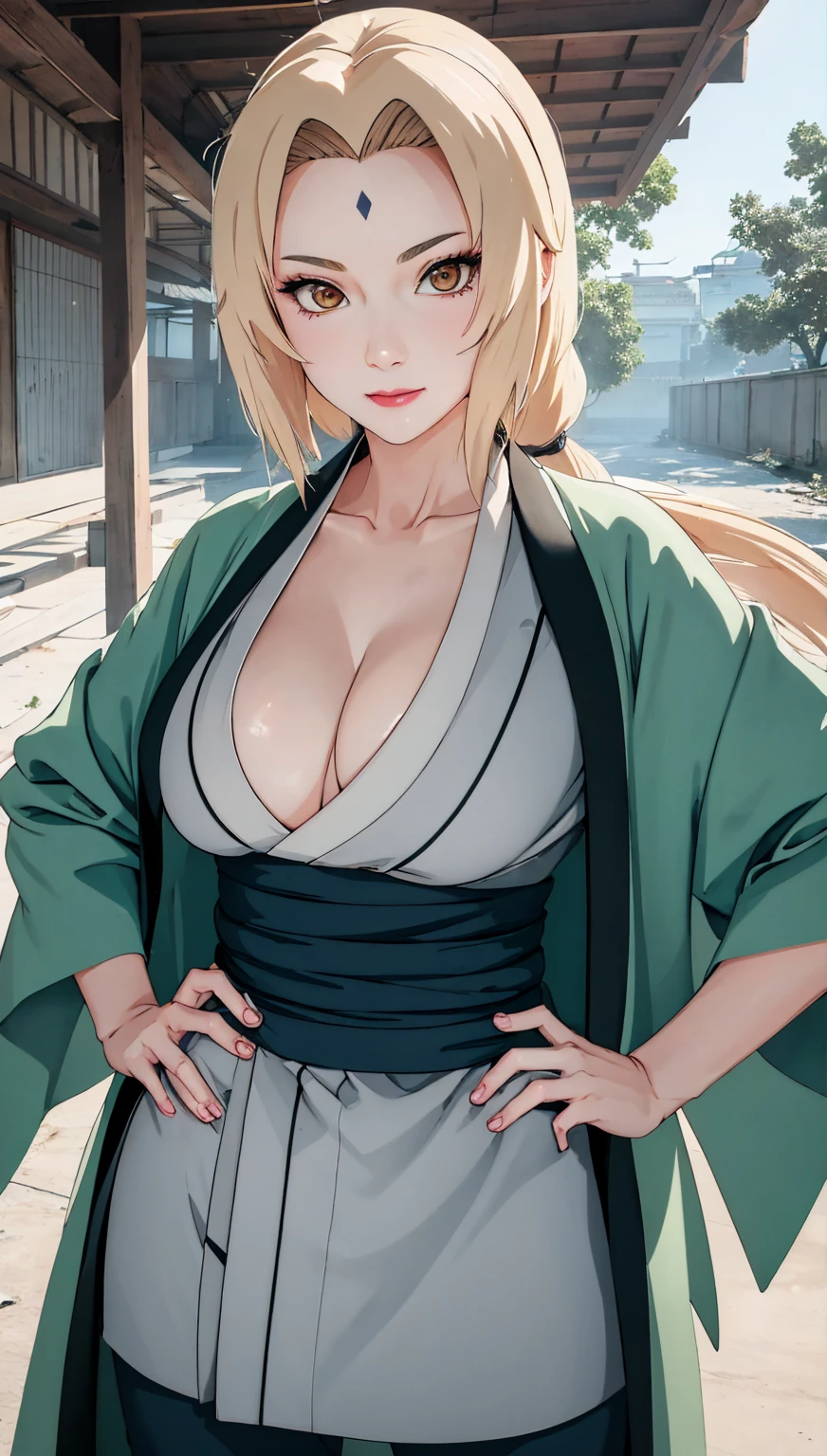 (masterpiece, highest quality:1.2), alone, One Girl, Tsunade Defense, Forehead mark, smile, View your audience, Hands on hips,NSFW、(((Open kimono)))、tits、Open kimono, Green haori, Gray Kimono, sash, pants 、Upper body close-up、Close-up of a person、Beautiful girl with beautiful details, Very cute, Beautiful girl with beautiful details, Professional photography lighting, Highly detailed eyes and face, Eyes with beautiful details、Beautiful detailed hair, Beautiful detailed cold face、