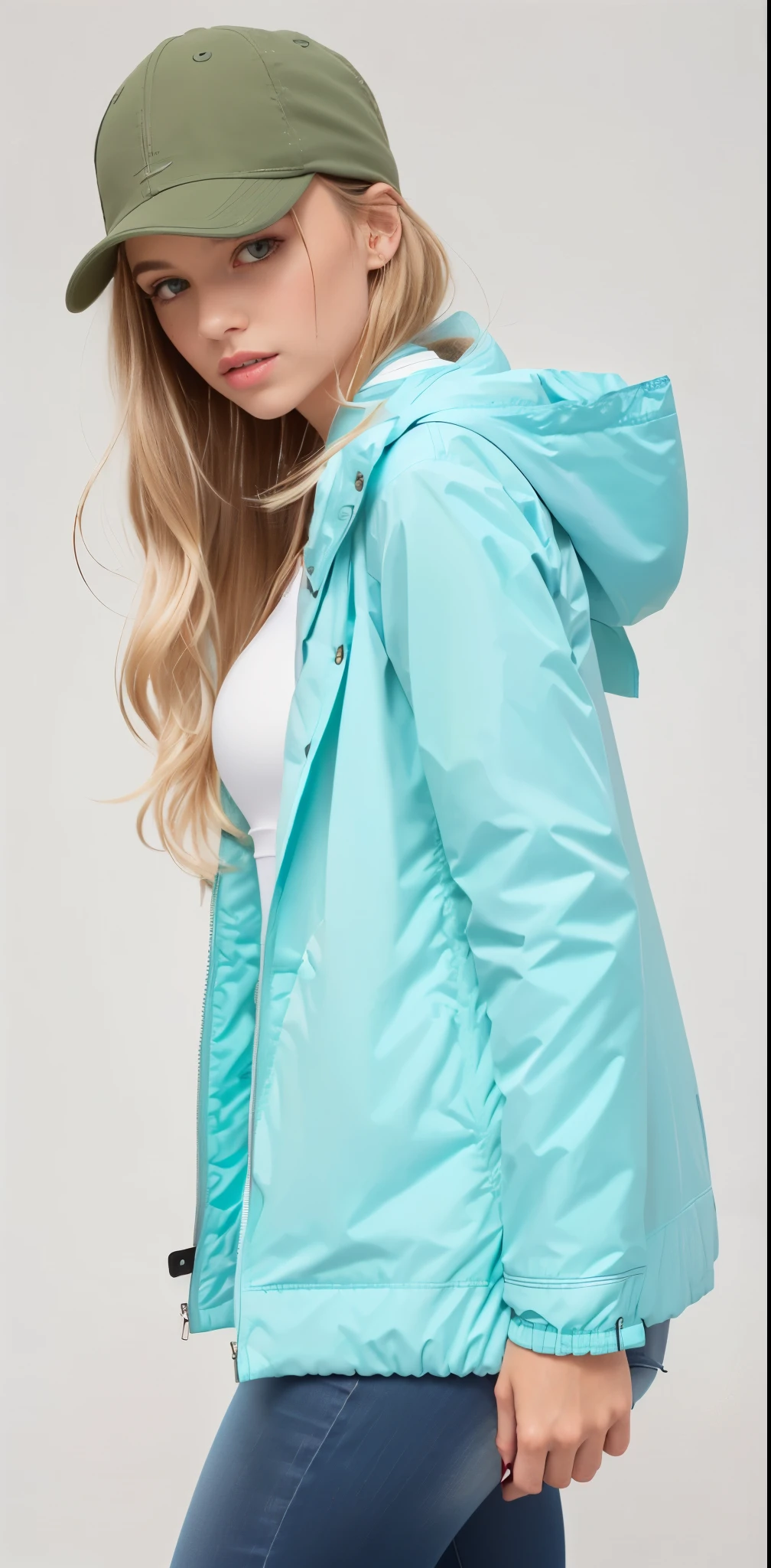 a woman wearing a blue jaqueta and cap with a white top, blue jaqueta, garota de capa de chuva, wearing a blue jaqueta, in teal clothes, wearing blue jaqueta, vestindo um moletom azul neon, she is wearing a wet coat, espuma do mar verde, vestindo um moletom azul, Tempo nublado, harmony blue jaqueta, jaqueta, Parka Azul, solid color, dia nublado