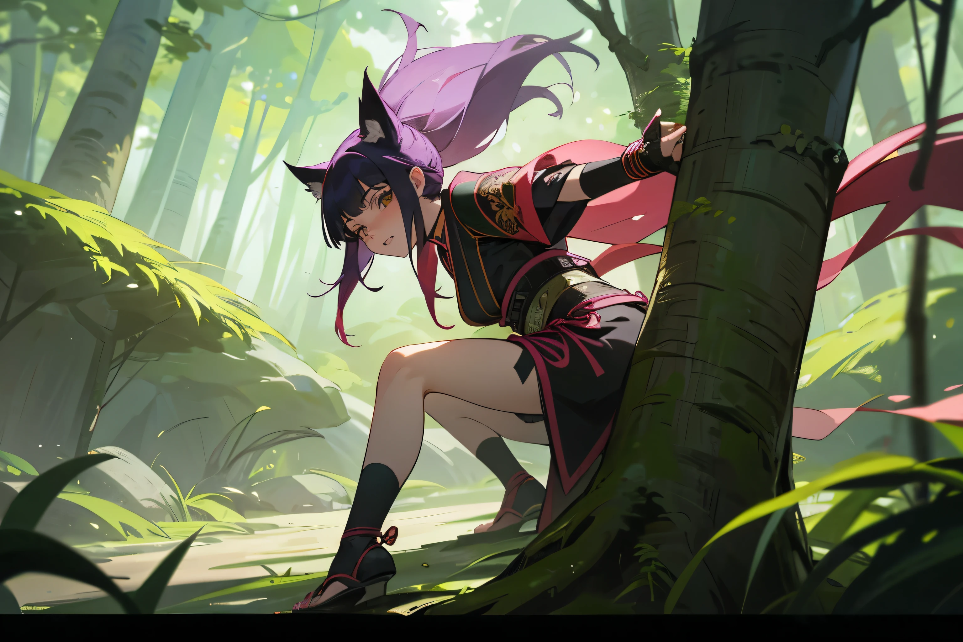 Craft a mesmerizing illustration of a lone kunoichi with animalistic traits, set amidst a lush and paradisiacal forest backdrop. Picture her with elongated canine teeth, lynx-like ears, a playful monkey tail, and sharp claws, blending seamlessly with the natural beauty of her surroundings. Show her attire in Masashi Kishimoto's anime aesthetic, with intricate ninja garb adorned with bold designs and vibrant colors, contrasting against the verdant hues of the forest. Emphasize her enigmatic presence as she stands amidst the tranquil beauty of the forest, a solitary huntress in her element. Capture the serenity of the scene, with dappled sunlight filtering through the canopy and colorful flora adding to the enchantment of the setting. Let the viewer feel the palpable sense of solitude and tranquility as they immerse themselves in the captivating world of this beastly kunoichi amidst the paradisiacal forest.