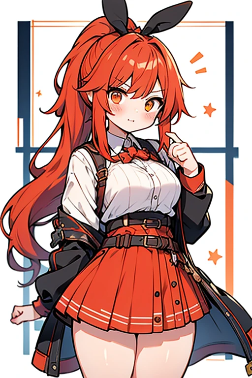 girl、high school student、Red hair、((ponytail))、long hair、Orange Eyes、Thick thighs、((G-Cup))、Blushing、Face in a daze、((highest quality))、Anime Style、bunny