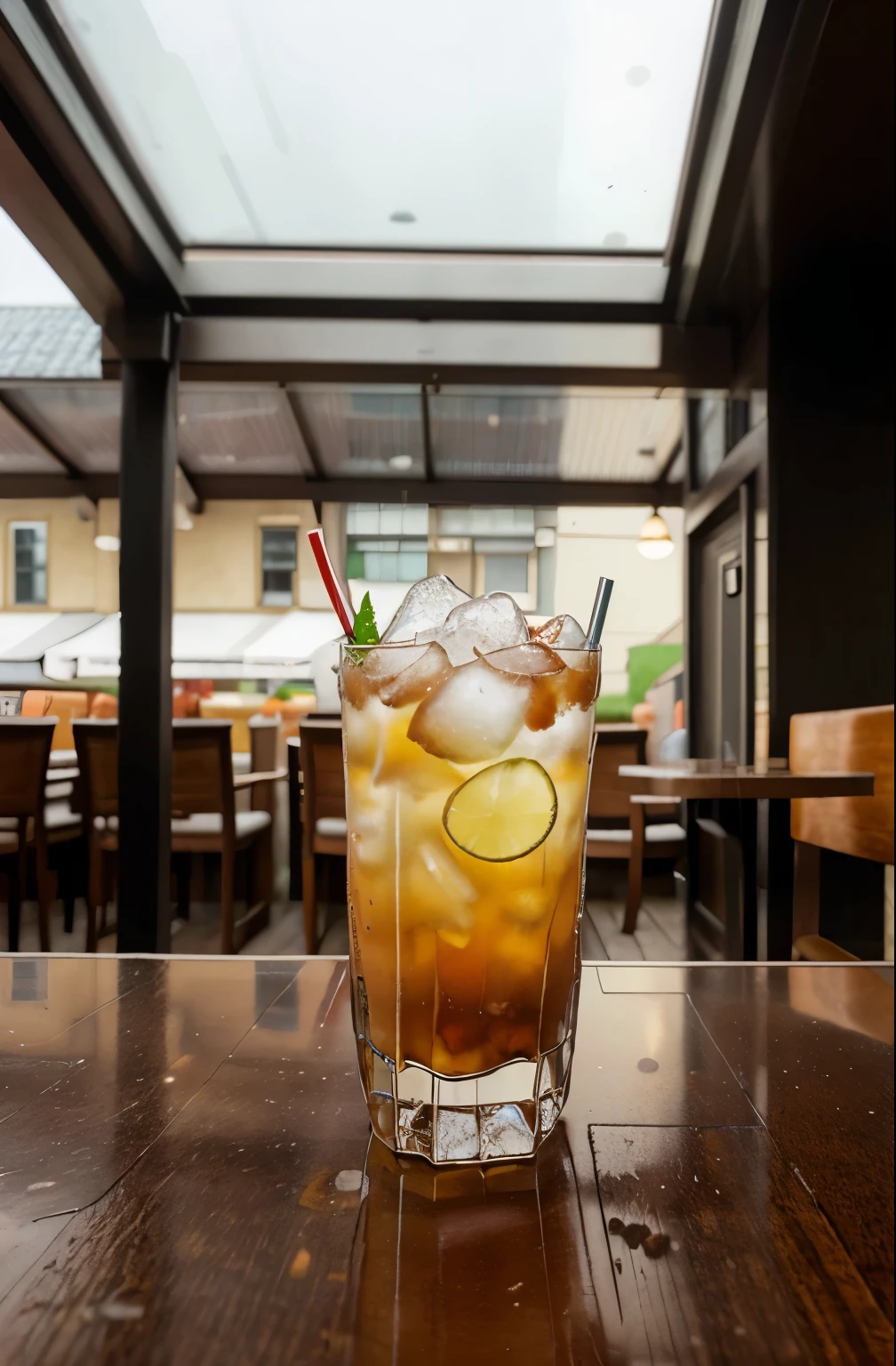 Realistic, cold drink, glass , table, open roof restaurant,