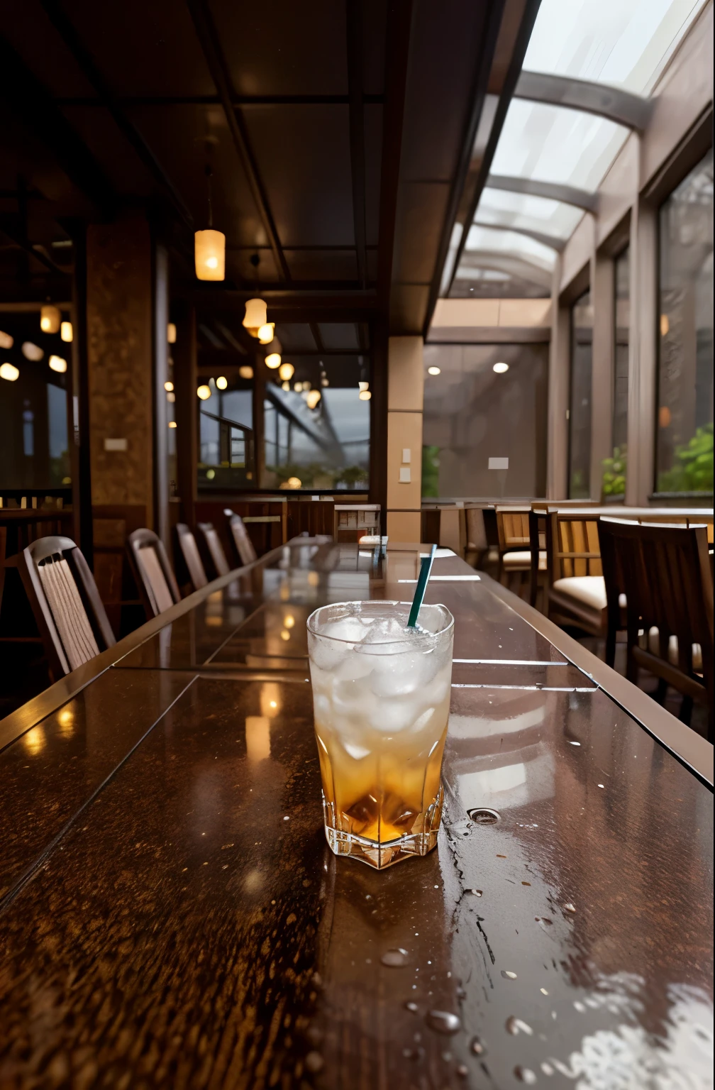 Realistic, cold drink, glass , table, open roof restaurant,