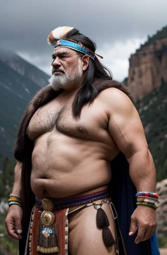 A shirtless Apache warrior with a huge eagle feather headdress on his head. Un culturista obeso de cuerpo completo con un cuerpo muy sudoroso. An extremely muscular and extremely fat old man over 70 years old weighing over 600 pounds. Muy musculoso, muy peludo. Pectorales grandes con pezones oscuros y ginecomastia. A Colorado canyon landscape with a loincloth in the rain.
