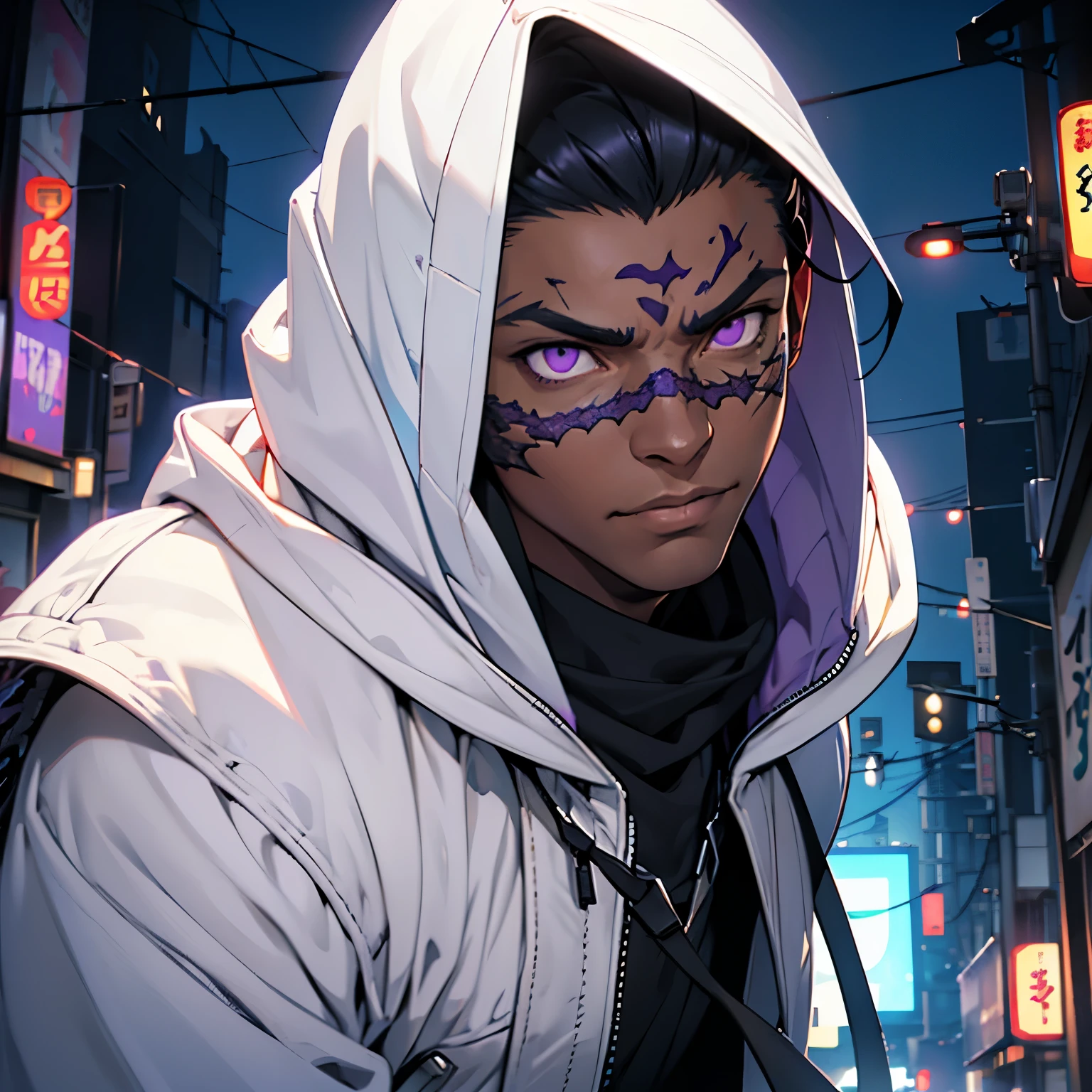 Young Male, Assassin, Hood, White Coat, White Shirt, Handsome, Dark Skin, (((Scales Growing On Face))), Black Hair, ((Shorthair)), Purple Eyes, Ray Band Shades, Menacing, Slim, 3D, Cinematic Lights, Vibrant Colors, Realistic, Tokyo City, Very Detailed, HD, 8K, Masterpiece, HDR