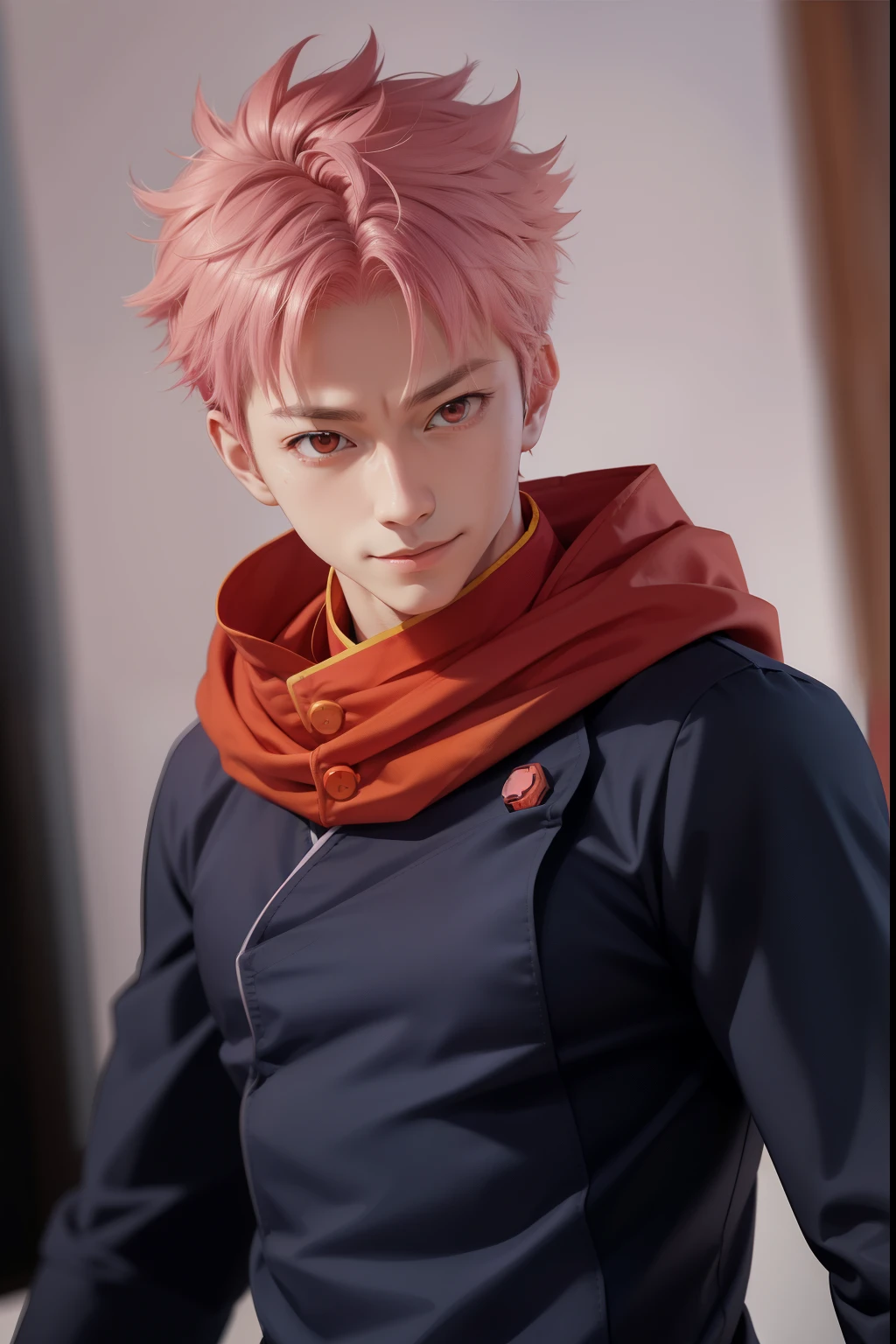 Yuji Itadori Character from Anime Jujutsu Kaisen, Realistic Anime style, Detailed body, Handsome boy, smile face, Jujutsu uniform, Pink short hair, orange eyes, Background Jujutsu High School