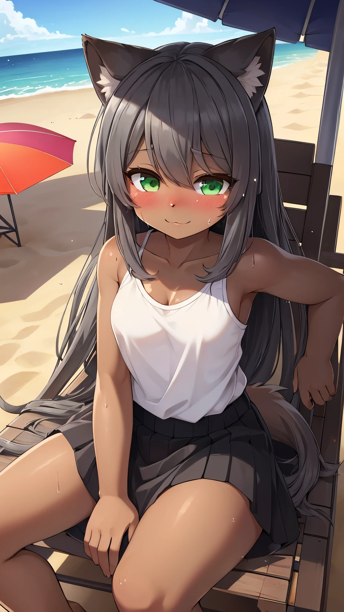 best quality,best resolution,(fluffy anthro furry :1.3),(young :1.6),cat girl,long hair,(dark grey hair :1.6),green eyes,sparkle eyes,glistering eyes,glowing eyes,(brown skin :1.6),white camisole,black skirt,legs in water,beach,sunbeam,shiny skin,sweating,soak body,sweating sexy girl,looking back,full face blush,shy face,smile,heavy breath,very hot,low angle,open mouth,back view