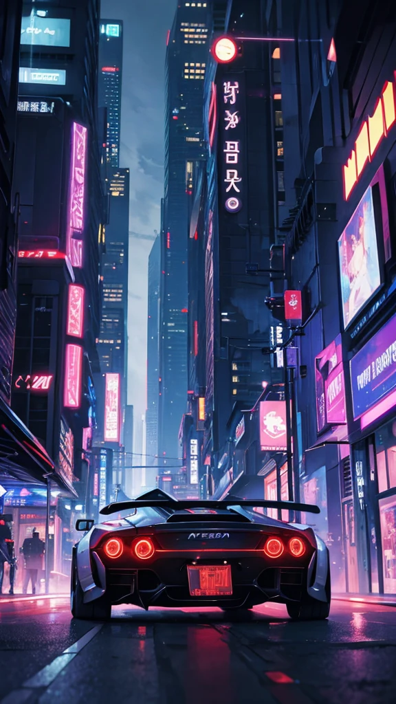 Sci-fi style metropolis at night、Cyberpunk atmosphere、Beautiful night view、A futuristic supercar is parked in front.