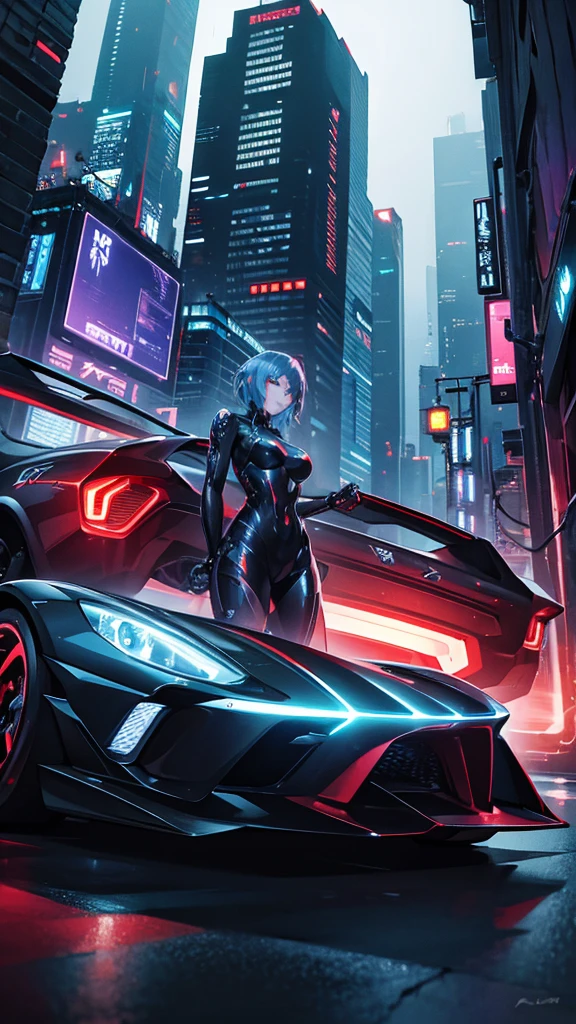 Frontal anime girl with red eyes and futuristic suit standing in front of the city, cyberpunk anime girl mech, girl in mecha cyber armor, Digital cyberpunk anime art, anime cyberpunk art, female cyberpunk anime girl, cyberpunk anime girl, cyberpunk anime art, female mecha, cyberpunk theme art, digitl cyberpunk - anime art, Advanced digital cyberpunk art, Cyberpunk art style Body edge glows Large mech cha in the background