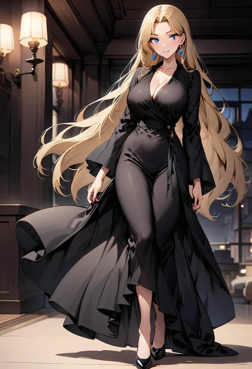 (best quality,Ultra-clear，Depth of Field, high resolution：1.3）， AND18, 1 Girl, individual, Blonde hair, blue eyes, earrings, jewelry, Big anime style，full-body shot，36 years old mature beauty，charming，Perfect body，Wearing a black robe，The lower body is black wide-leg pants，Black flat shoes。Her face is as beautiful as a blooming flower，Brilliant golden hair draped over a black robe