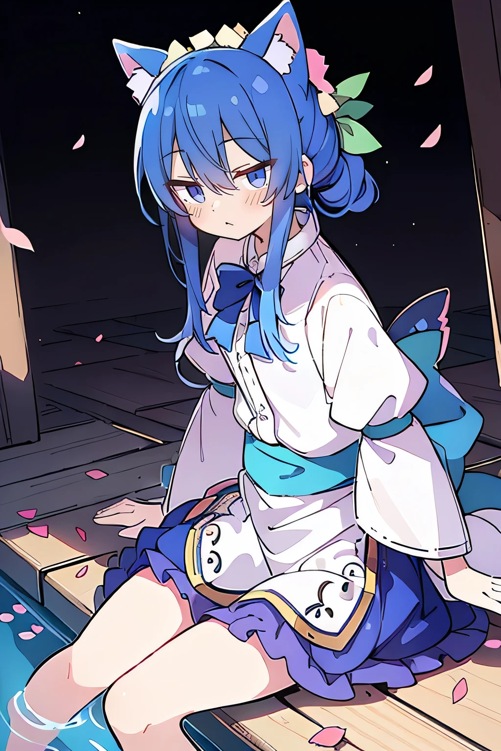 (masterpiece:1.2),ultra-detailed,realistic,expressive eyes,fair-skinned,perfectly shaped face,1girl,
Japanese cartoons,Gorgeous blue hair, flowing blue hair,floating clothes,cat ears,petals falling,beautiful Lola,Hina Angel,
hands on waist,gracefully sitting on the ground,legs crossed,gentle and serene background,cool and comfortable pavilion,night ,smile.