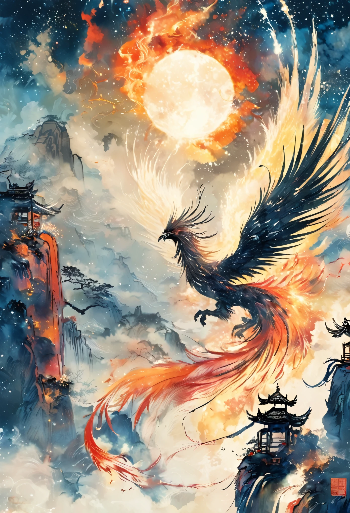 Phoenix, (flaming feathers), wings, vibrant, from ([glowing body:fiery aura:0.4]:1.5), intense gaze, mythical powers, fiery talons, ancient ruins, [ethereal flames:0.1], [billowing feathers, mesmerising patterns:0.4], cangyunshan, landscape, Chinese ink painting, starry night sky, galaxy sparkle, intricate details, symbols, abstract, realism, sharp focus, masterpiece, sharp details,