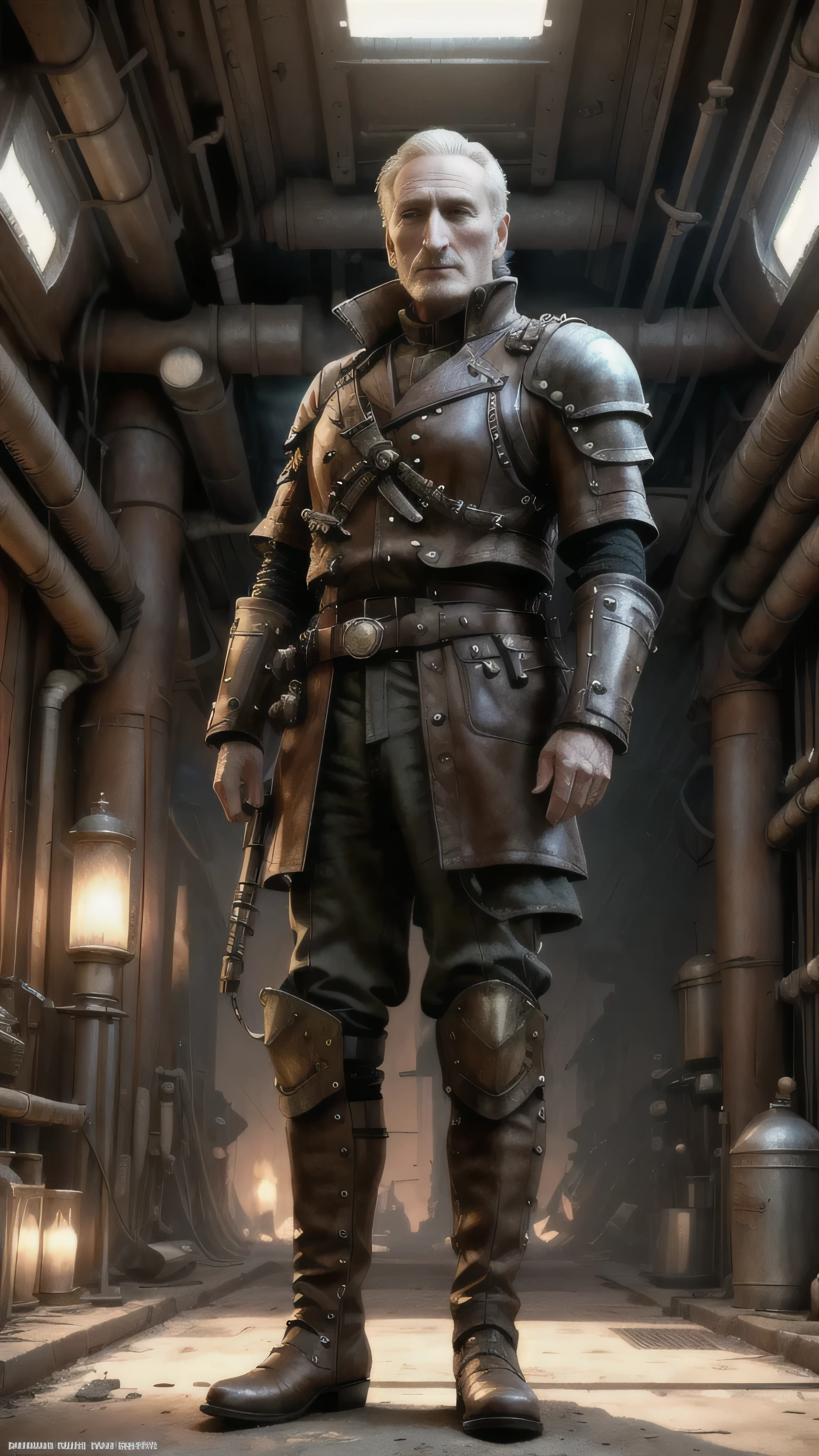 dieselpunkai, (Charles Dance) as Tywin Lannister, maroon dieselpunk armor, dieselpunk boots, standing, in a dieselpunk tent, desert, (1man), (solo), (full body view), beautiful detailed glow, detailed, cinematic light, intricate detail, realistic, highres, detailed facial features, high detail, sharp focus, smooth, aesthetic, extremely detailed, stamp, octane render