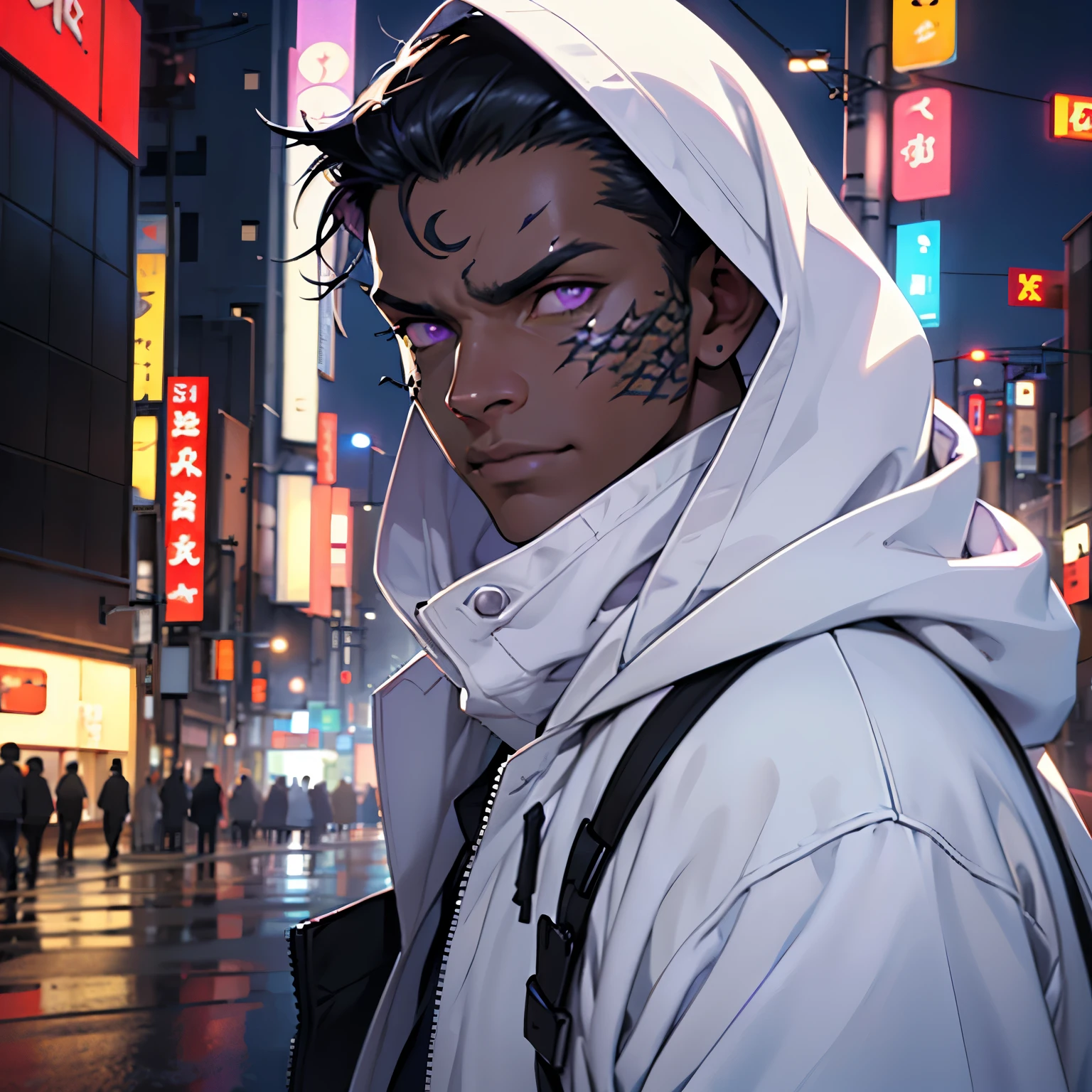 Young Male, Assassin, Hood, White Coat, White Shirt, Handsome, Dark Skin, (((Scales Growing On Face))), Black Hair, ((Shorthair)), Purple Eyes, Ray Band Shades, Menacing, Slim, 3D, Cinematic Lights, Vibrant Colors, Realistic, Tokyo City, Very Detailed, HD, 8K, Masterpiece, HDR