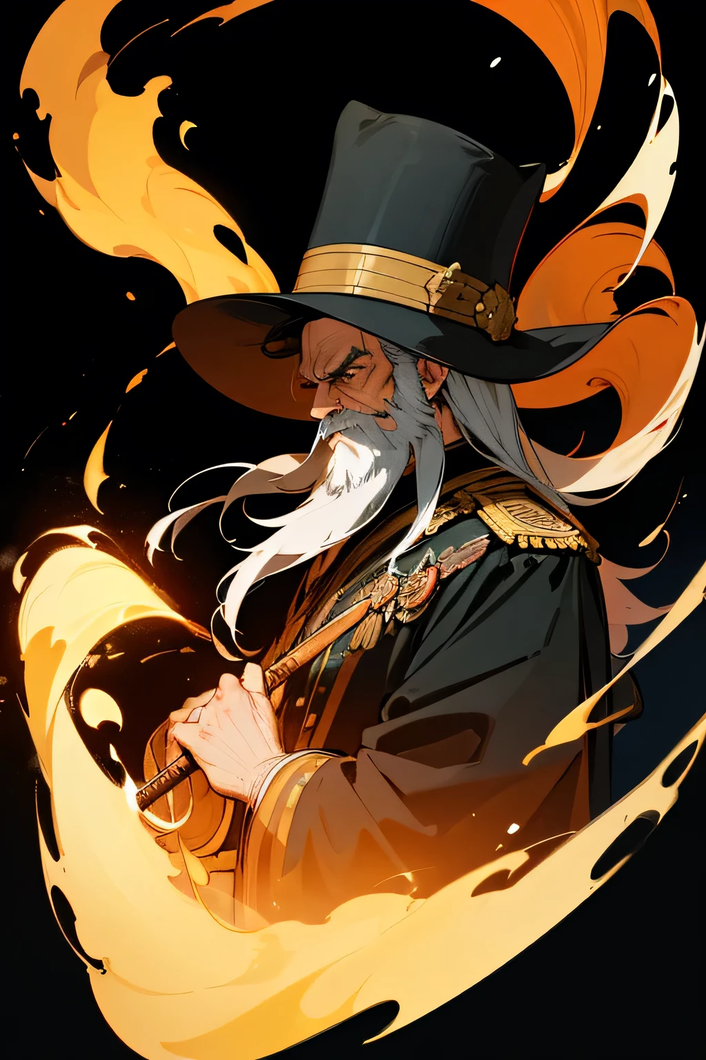 Old man, unkempt hair, long beard, hair covering side of face, black brimmed hat, flaming torch, holding up torch, standing, flaming staff, golden staff, formal clothes, military clothes, 19th century military dress, medals, epaulettes, sash with medals, decorated general, portrait, t-shirt art, 2D, ((black background: 1, 5)), vector, vivid colors, masterpiece, best quality, intricate details, perfect symmetrical face, realistic details, gothic theme, rim light, moonlight , cinematic shading, Greg Rutkowisk