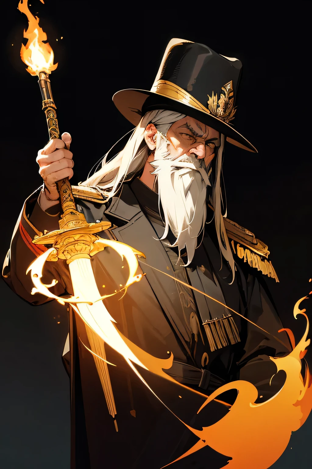 Old man, unkempt hair, long beard, hair covering side of face, black brimmed hat, flaming torch, holding up torch, standing, flaming staff, golden staff, formal clothes, military clothes, 19th century military dress, medals, epaulettes, sash with medals, decorated general, portrait, t-shirt art, 2D, ((black background: 1, 5)), vector, vivid colors, masterpiece, best quality, intricate details, perfect symmetrical face, realistic details, gothic theme, rim light, moonlight , cinematic shading, Greg Rutkowisk