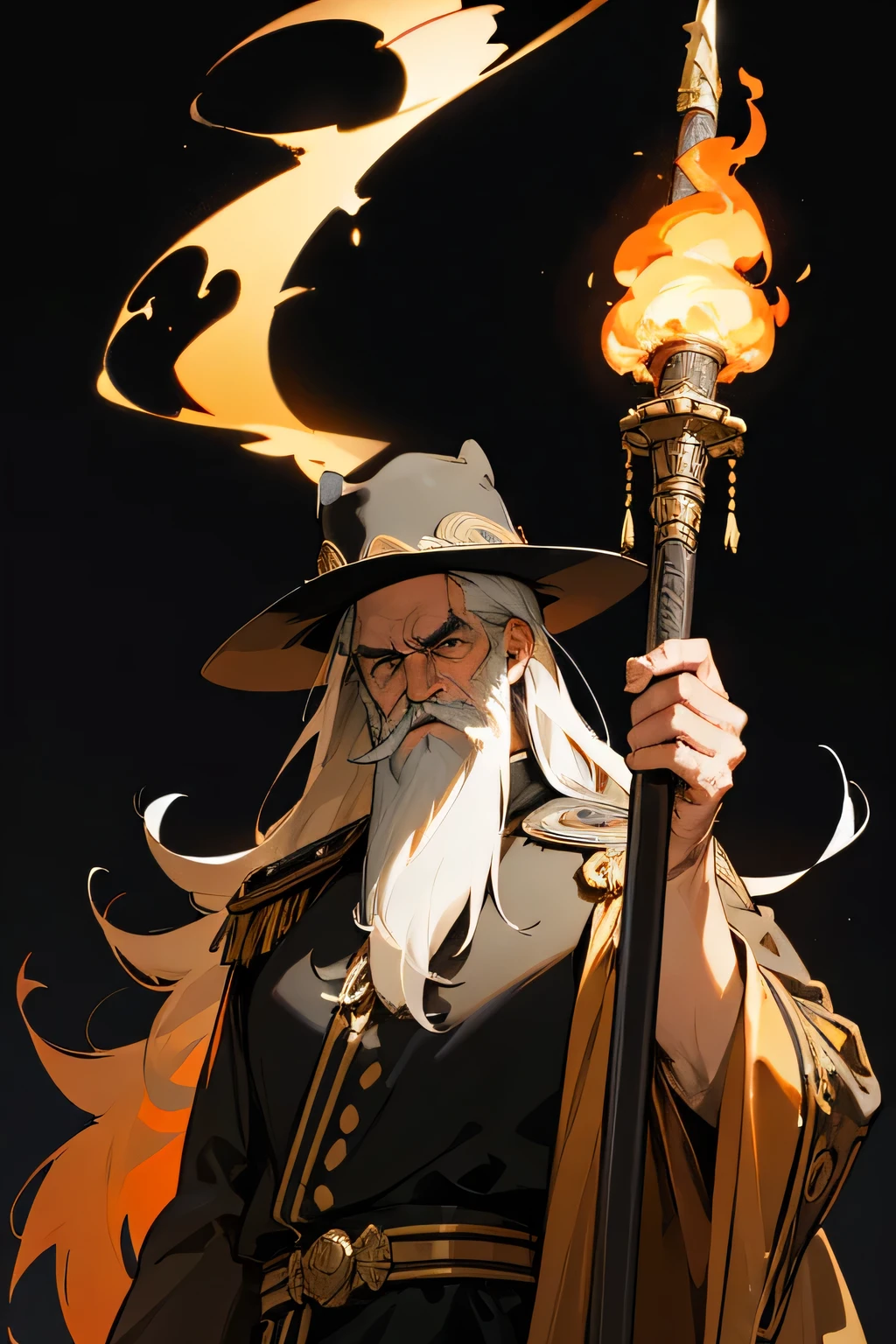 Old man, unkempt hair, long beard, hair covering side of face, black brimmed hat, flaming torch, holding up torch, standing, flaming staff, golden staff, formal clothes, military clothes, 19th century military dress, medals, epaulettes, sash with medals, decorated general, portrait, t-shirt art, 2D, ((black background: 1, 5)), vector, vivid colors, masterpiece, best quality, intricate details, perfect symmetrical face, realistic details, gothic theme, rim light, moonlight , cinematic shading, Greg Rutkowisk