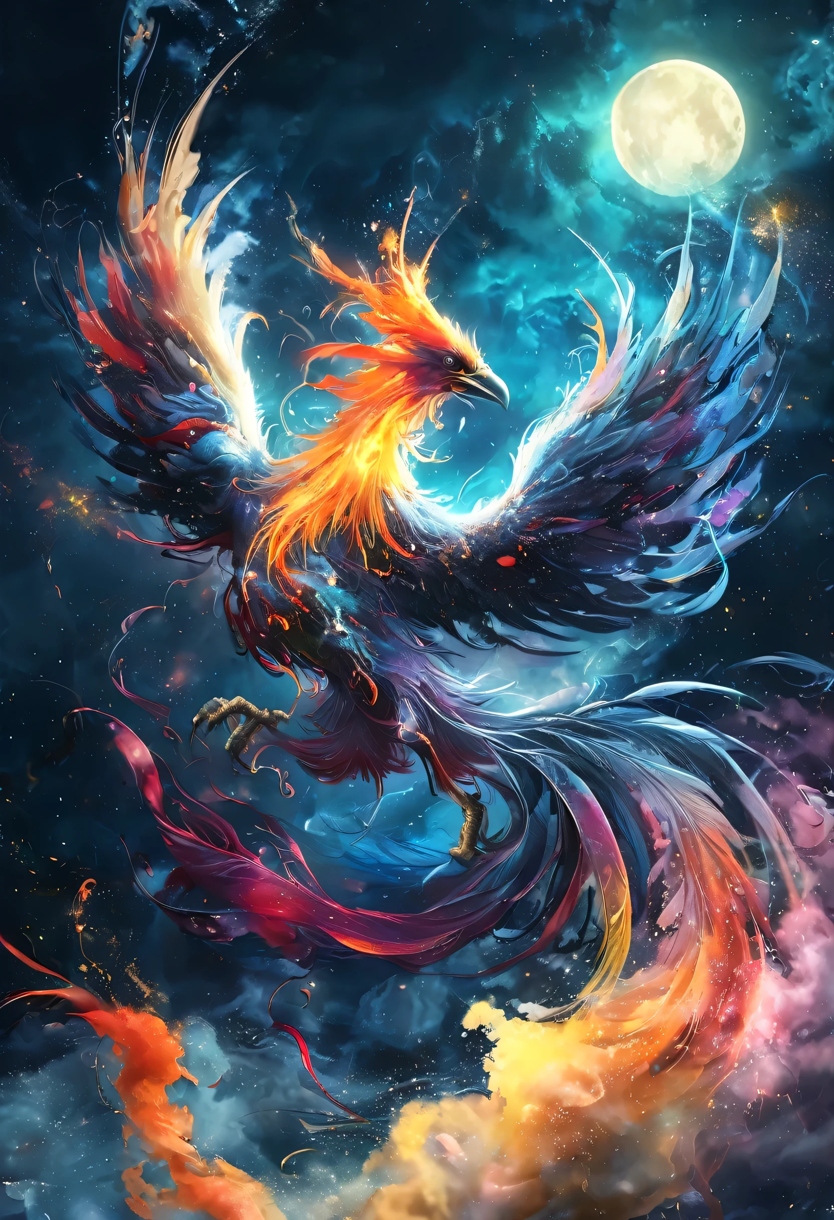((phoenix)),paint splash, color smokes, color splash, colorful, wet glossy, swirling, midnight, night skyscape, supernova, moon, galaxies, spirals, space, nebulae, stars, smoke, ((masterpiece)), (high quality), (Ultra-HD), (high-resolution), (4k, 8k, 16k), (epic), (insanely detailed:1.5), (hyper-realistic:1.2), (HDR, vivid colors, colorful), (vfx, bokeh), (volumetric lighting, global illumination, ray tracing:1), absurdres, anime style, concept art, professional drawing, digital drawing, edge lines, harsh shadows, high contrast, ultra-realistic, RAW, award winning photography, professional film photography, film photography:1.2, photorealistic, depth of field, shallow focus, (studio lighting:1), (studio film photography:1.1), BadDream, FastNegativeV2, carcosa city, ananmo