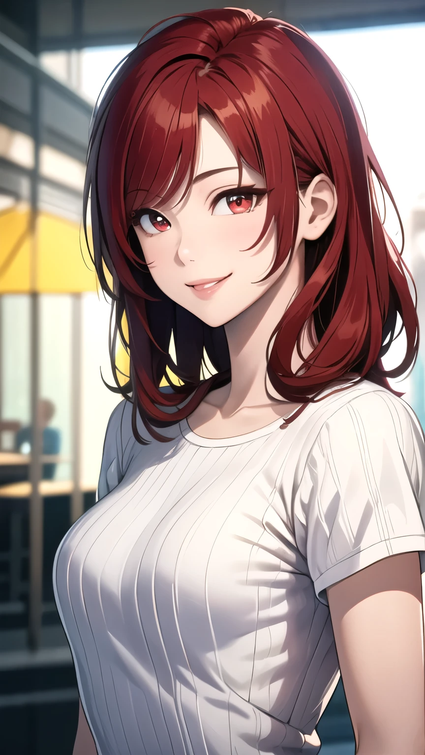 A close up of a woman with red hair and a white shirt - SeaArt AI