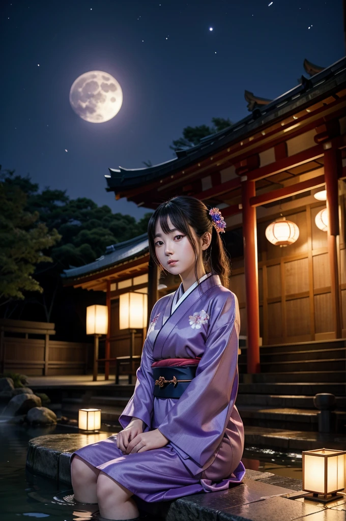 Japanese girl, purple eyes, wearing kimono, siting beside hot spring, Japanese shrine background, night time, full moon