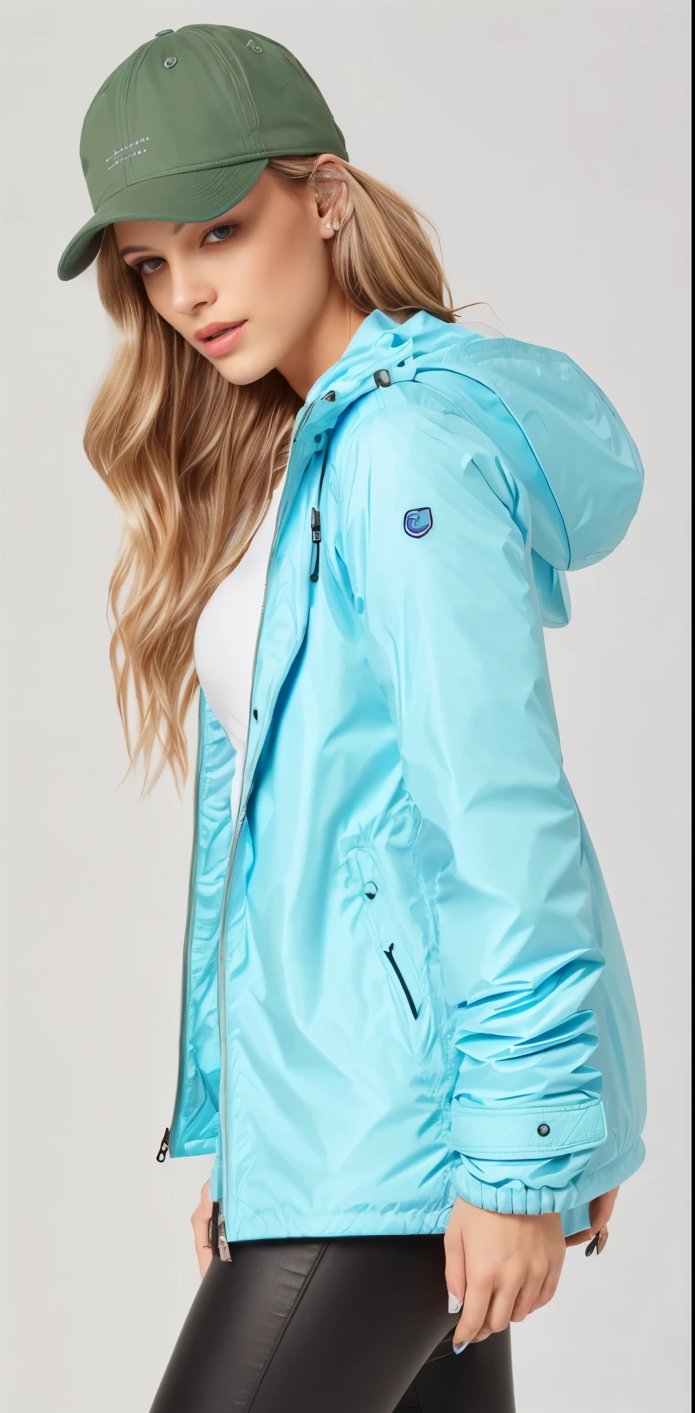 a woman wearing a blue jaqueta and cap with a white top, blue jaqueta, garota de capa de chuva, wearing a blue jaqueta, in teal clothes, wearing blue jaqueta, vestindo um moletom azul neon, she is wearing a wet coat, espuma do mar verde, vestindo um moletom azul, Tempo nublado, harmony blue jaqueta, jaqueta, Parka Azul, solid color, dia nublado