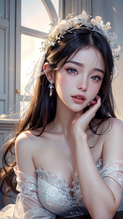 highest quality, masterpiece, Ultra-high resolution, (Realistic: 1.4), RAW Photos, One girl, Professional Lighting、Translucent skin、Clear Skin、Beautiful Skin、Glossy hair、Moisturized lips、Off the shoulder, Cinema Lighting, (Kiss pose),(close your eyes)、 Heterochromia、Small breasts、Lace fabric、Fluttering petals、Ecstasy of Musical Notes、