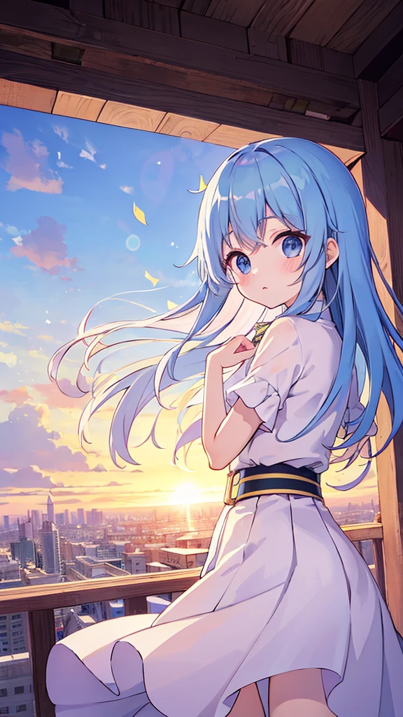 absurderes, hight resolution, (Anime style:1.1), ((masutepiece)), ((Best Quality)), (Ultra-detailed), (Beautiful), solo, Beautiful face、(liftup)、Cute  looking at the view from the top of a skyscraper that is closer to the atmosphere,Wind,Thin White colorful long hair,, Blue Eyes,Lens Flare,Dramatic,Detailed Ancient City、Skirt fluttering in the wind、Clouds below looking down、(Don't look here:1.4)
