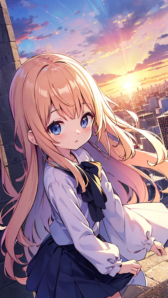 absurderes, hight resolution, (Anime style:1.1), ((masutepiece)), ((Best Quality)), (Ultra-detailed), (Beautiful), solo, Beautiful face、(liftup)、Cute  looking at the view from the top of a skyscraper that is closer to the atmosphere,Wind,Thin White colorful long hair,, Blue Eyes,Lens Flare,Dramatic,Detailed Ancient City、Skirt fluttering in the wind、Clouds below looking down、(Don't look here:1.4)