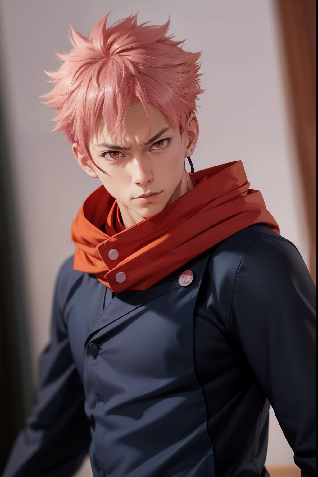 Yuji Itadori Character from Anime Jujutsu Kaisen, Realistic Anime style, Detailed body, Handsome boy, laugh face, Pink short hair, orange eyes, Background Jujutsu High School
