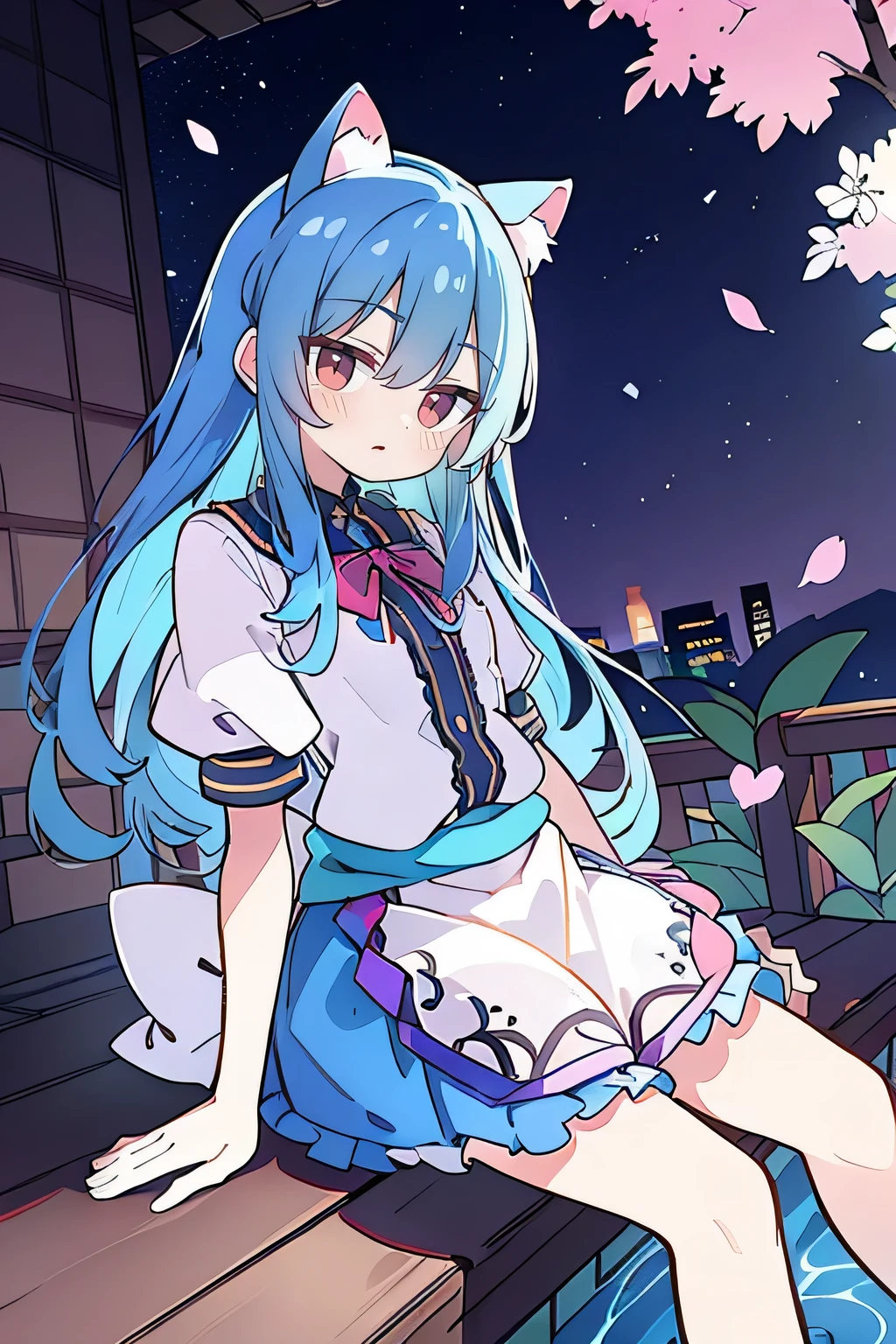 (masterpiece:1.2),ultra-detailed,realistic,expressive eyes,fair-skinned,perfectly shaped face,1girl,
Japanese cartoons,Gorgeous blue hair, flowing blue hair,floating clothes,cat ears,petals falling,beautiful Lola,Hina Angel,
hands on waist,gracefully sitting on the ground,legs crossed,gentle and serene background,cool and comfortable pavilion,night ,smile.