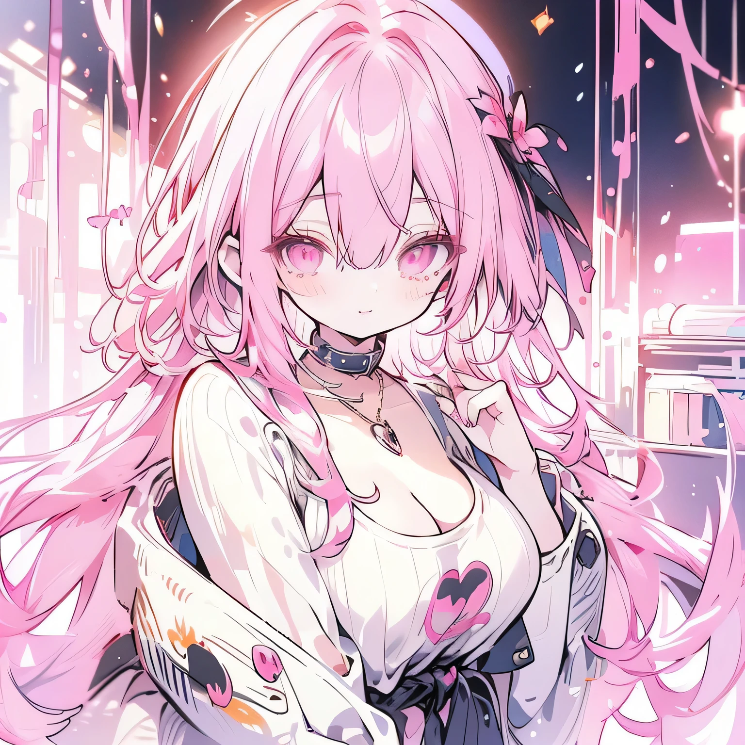 (best quality), (masterpiece), (saturated colours), (pink hair), (long hair), flowing hair, pink eyes, ((detailed eyes)), (detailed face), plump lips, makeup, blush, medium breasts, shiny skin, thick thighs, skindentation, indoors, looking at viewer, sweater, ((cleavage cutout)), denim jeans, smile, cute, waist up

