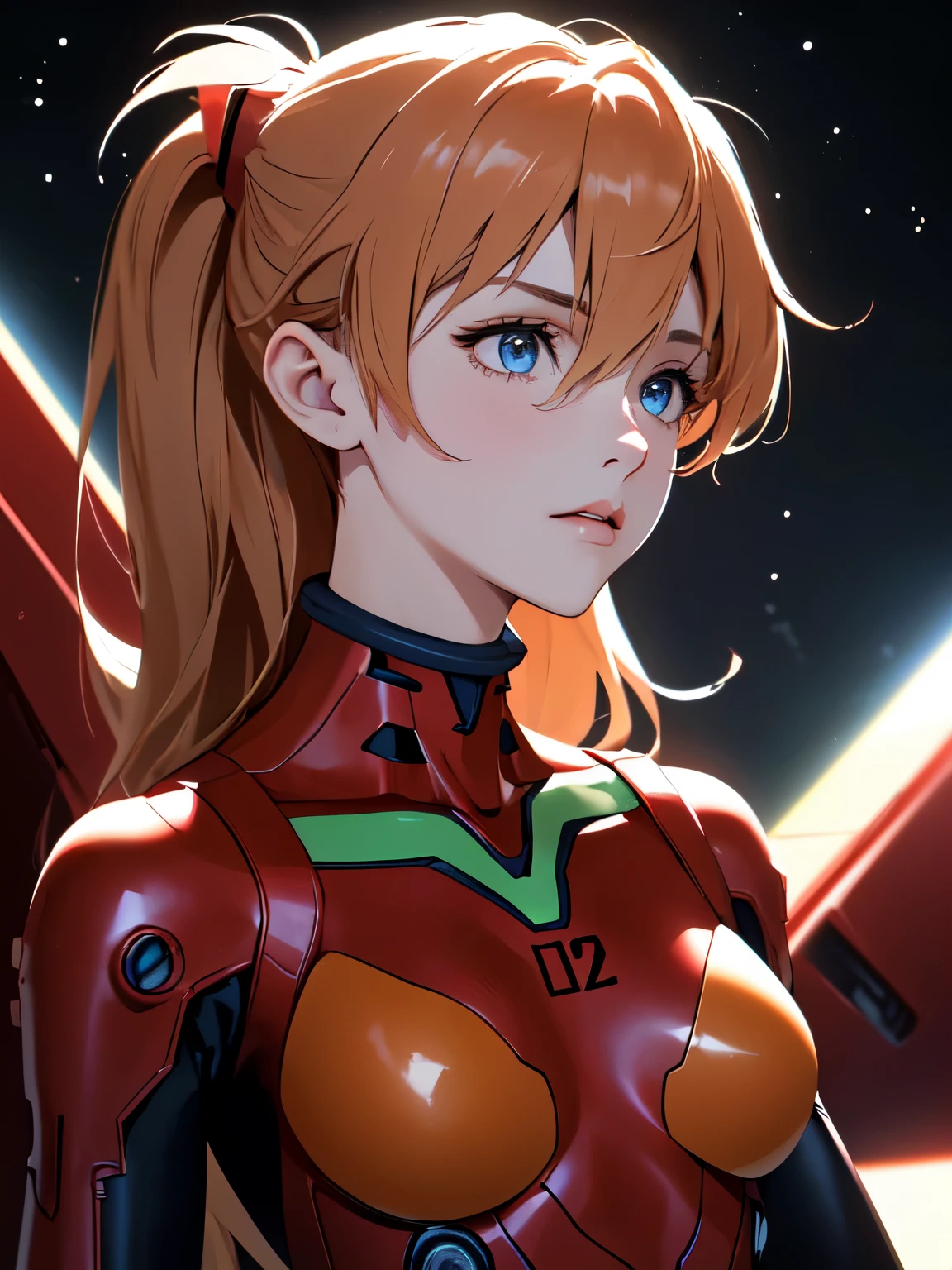 (masterpiece, highest quality), One Girl, Beautiful Face, Beautiful body, souryuu_Asuka_Langley, Plug Suit, Bodysuits, Interface Headset, red Bodysuits, Hair between the eyes, Pilot Suit,((Please show me your whole body:1.5)), The background is space (Amazing details, Excellent lighting, Wide-angle)