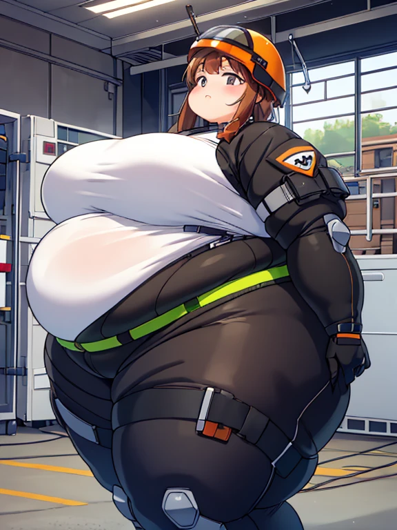 Massively obese orange tactical soldier girl, fat rolls, short brown hair, (obese belly):1.4, (obese thighs):1.4, bbw, wide hips, sweating, huge ass, ussbbw, (soldier helmet):1.2 extremely chubby,  BREAK, facility, factory, industrial, ruins, dark