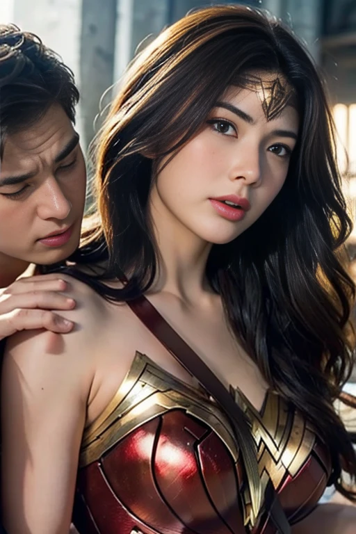 私はWonder Womanです、完璧なWonder Womanの衣装，お姫様Hugged,Hugged,Being strangled,You can hold it，Leaning on the man，Hugged，Can be lifted，Men lick my face with their tongues,The guys lick my head with their tongues,Men lick my hair with their tongues,My body is licked by men,sleeping face,Close ~ eyes,Open your mouth,Tired face,Face of Suffering,sleeping face,Being slapped in the face,Getting punched in the face,Fighting with men,Fight with the men,Surrounded by men,,Caught between the men,Being held back by men,Entanglement with males, Attacked by men,Brown Hair,  masterpiece、beautiful girl、fine 目、puffy eyes、highest quality, 超High resolution, (reality: 1.4), Cinema Lighting,so beautiful、Beautiful Skin、(超reality的な)、(High resolution)、(8k)、(Very detailed)、(beautiful and fine 目)、(Very detailed)、 Detailed face、Diagonal bangle hair、Brown Hair、20-year-old、Wonder Womanのコスプレ，Wonder Woman