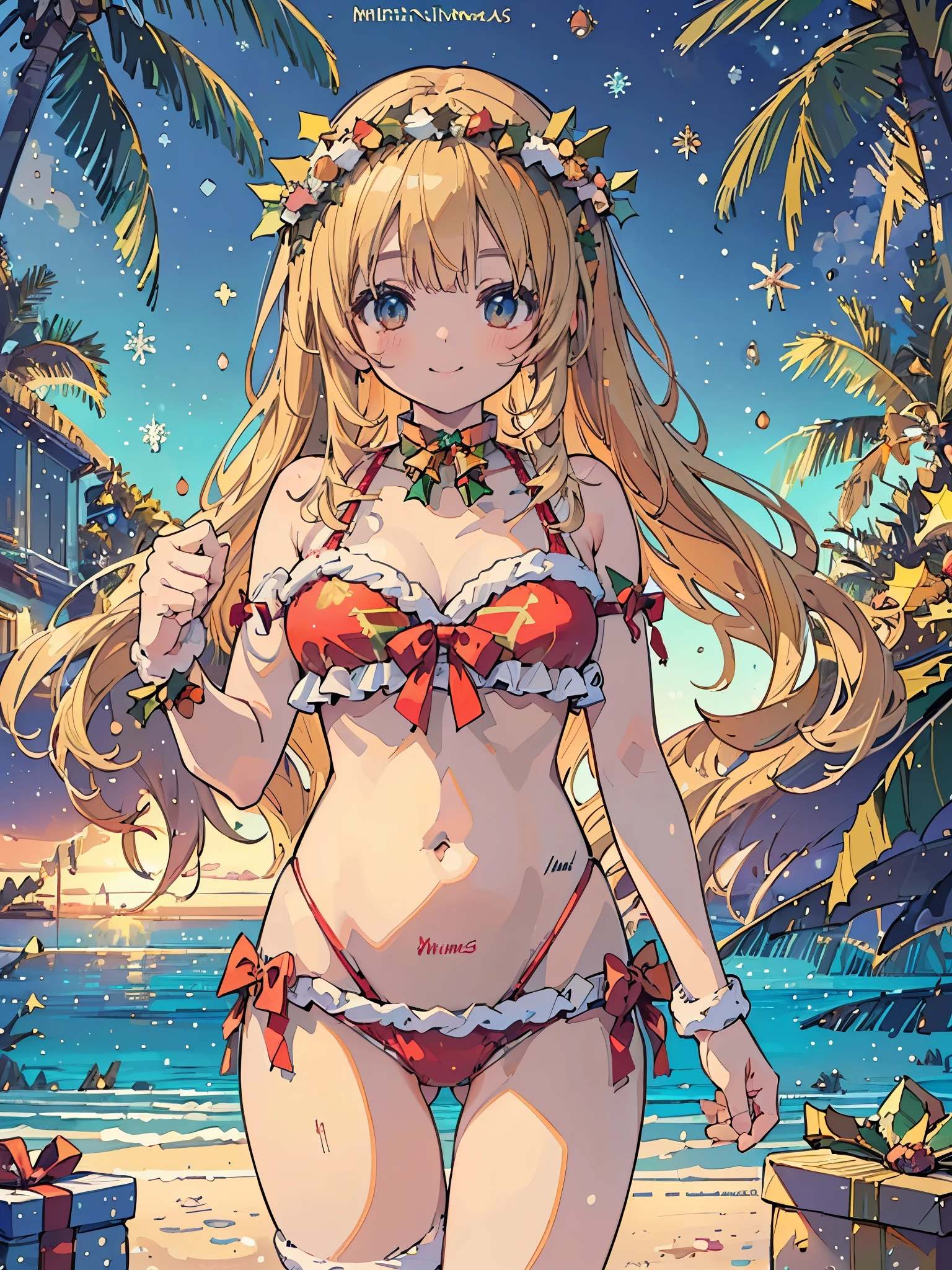 ((highest quality)),(Ultra-high resolution),(Very detailed),(Detailed Description),((The best CG)),(A masterpiece),Ultra-precise art,Amazing drawing art,(Art with precise detail:1.5), (Woman in Santa bikini:1.5),(smile:1.5), (Midsummer Christmas:1.6), ((Midsummer Beach:1.7))