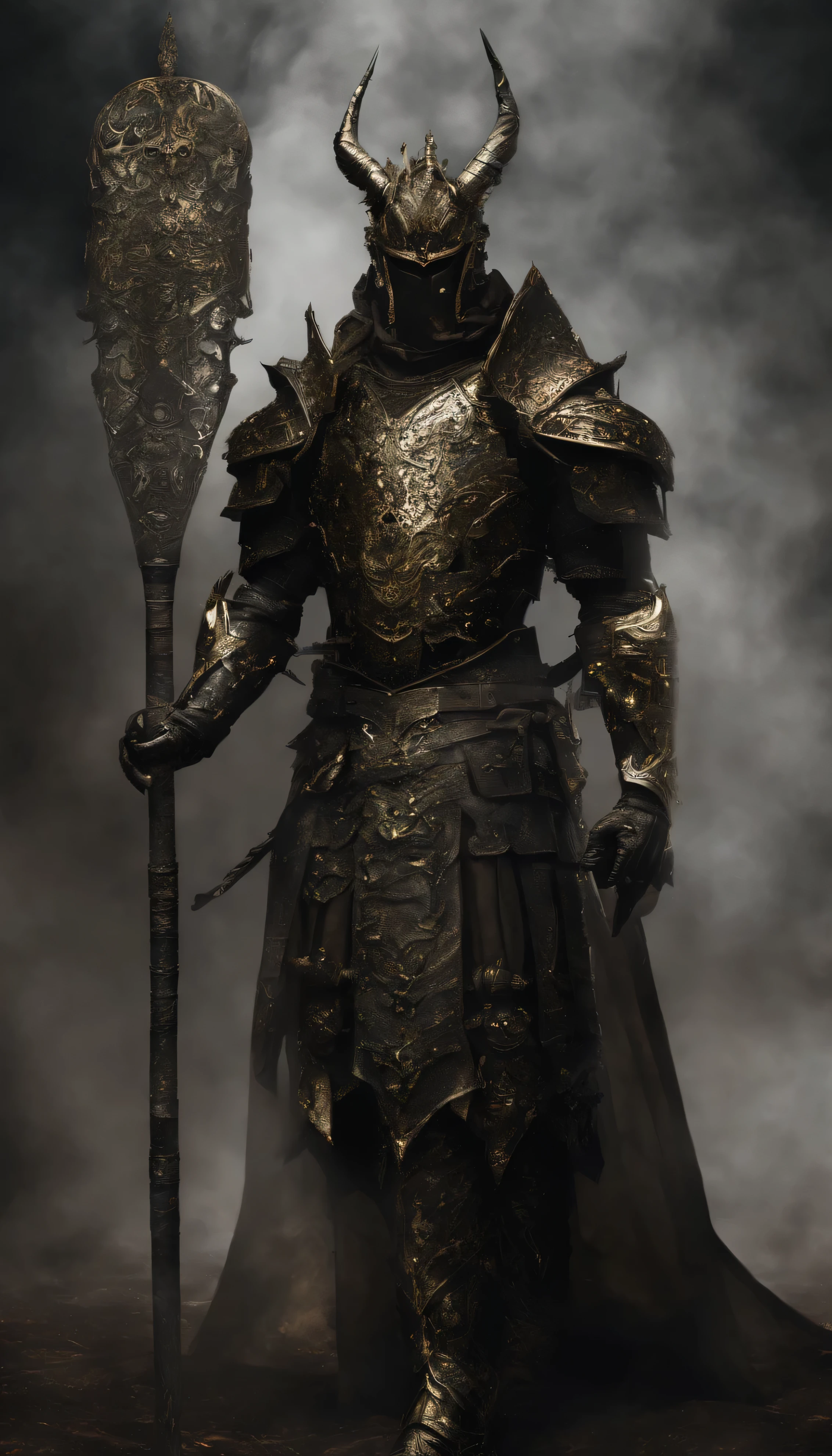 warrior, concept-art,  Fantasy art, battleground background, clean render, a horned, Wear a suit of armor, Detailed bushido form smoke, helmet of a forgotten deity, character is standing, 8k Realistic, in game render, detailed face background detail, Art station front page, taur, Pseudo-medieval fantasy, A deity wearing koi armor, detailed bronze armor, Bronze armor, golden etched armor, gold obsidian armor, Light gold armor, Gorgeous filigree armor, A demonic warrior, Gorgeous armor full of thorns, Intricate assasin armor, Intricate metal armor, powerful warrior, Dressed in gorgeous gold armor，Decorated with intricate patterns, The helmet has a large crown and two horns,Glowing red eyes， Everything is in the dark, The smoky background alludes to battle scenes, Add an ominous aura to his character，submission, Full body shot.