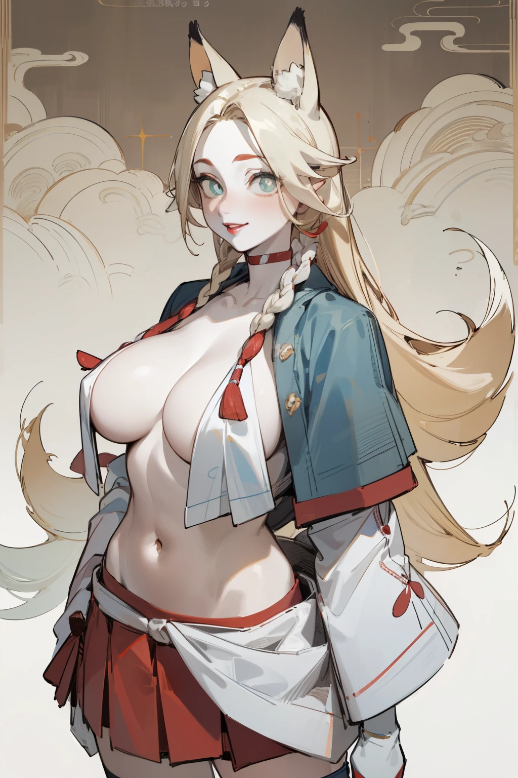 Upper body standing painting, White skin, (Fox ears), Exquisite eyes,Red Eyeshadow, Red lips,White miniskirt,Fake laugh, Ukiyo-e, masterpiece, high quality, at the lowest limit, Tiny,White boots,Huge breasts,The navel leaks out