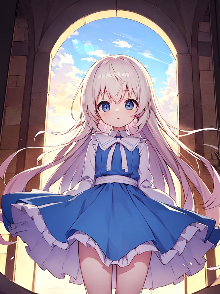 absurderes, hight resolution, (Anime style:1.1), ((masutepiece)), ((Best Quality)), (Ultra-detailed), (Beautiful), solo, Beautiful face、(liftup)、Cute looking at the view from the top of a skyscraper that is closer to the atmosphere,Wind,Thin White colorful long hair,, Blue Eyes,Lens Flare,Dramatic,Detailed Ancient City、Skirt fluttering in the wind、Clouds below looking down、(Don't look here:1.4)